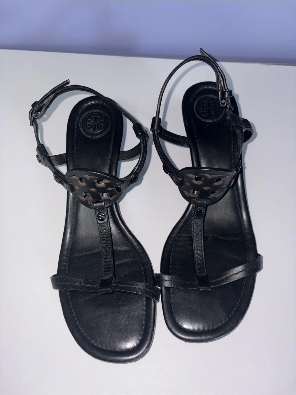 Tory Burch Black Leather Logo Miller T-Strap Sandals with Signature Medallion